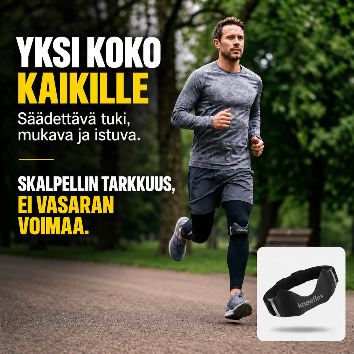 Juoksija KneeFlex-polvihihnan kanssa – yksi säädettävä koko
