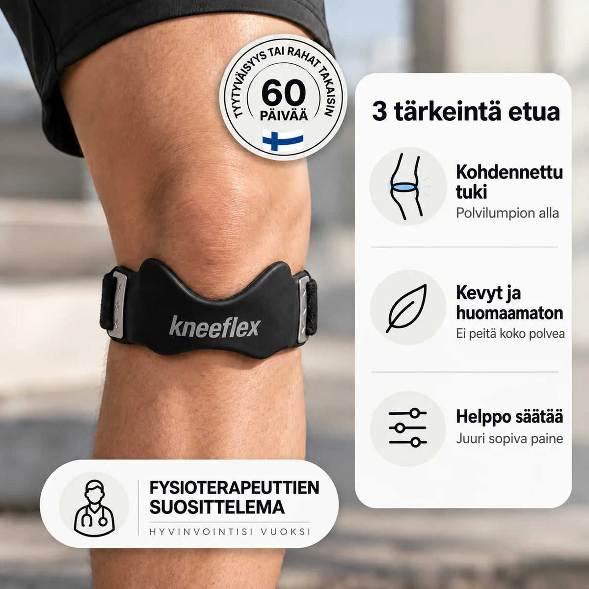 KneeFlex-polvihihna polvilumpion alla – kohdennettu tuki, kevyt ja helppo säätää