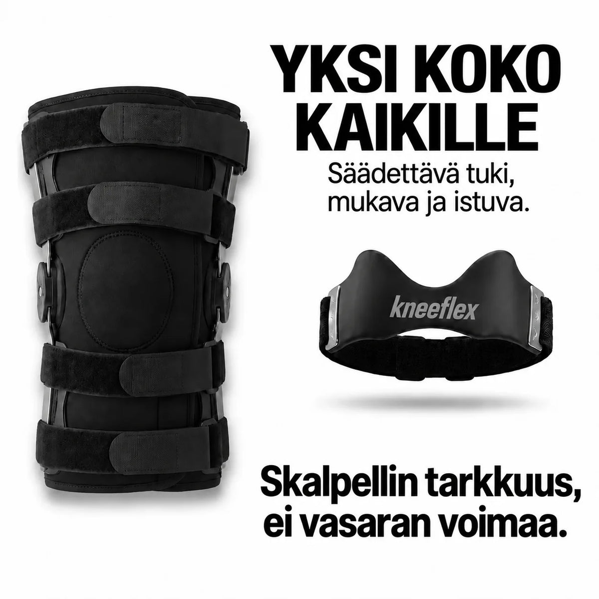 KneeFlex-polvihihna ja perinteinen polvituki – yksi säädetVaeltaja KneeFlex-polvihihnan kanssa – asiakaskyselyn tuloksettävä koko kaikille